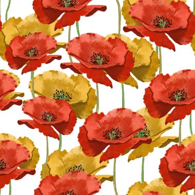 Kırmızı gelincikli kusursuz bir desen. Haşhaş çiçeği. Haşhaş çiçeklerinin kusursuz arkaplan deseni. İç dekorasyon için yüzey tasarımı, tekstil baskısı, yazdırılmış sayılar, davet kartları