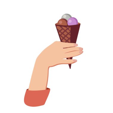 Waffle külahında bir dondurma tutuyor. İzole vektör çizimi düz tasarım. Yaz tatili konsepti. Elde dondurma külahı