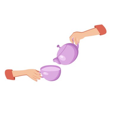Çay fincanı ve çaydanlığı tutan ellerin yakın çekimi. Tatlı seramik pembe çaydanlık ve çay ya da çay için fincan. Vektör çizgisi çizimi. Beyaz arka planda izole edilmiş. Bulaşıklar. Çay partisi konsepti.