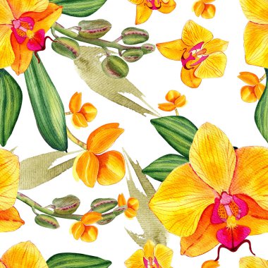 Orkideler kusursuz desen. Tropikal palmiye yaprakları ve orkideleri olan kusursuz çiçek desenli arka plan. Duvar kağıtları, web sayfası arkaplanları, yüzey dokuları, tekstil için ideal.