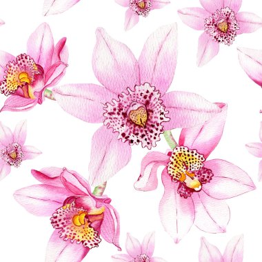 Orkideler kusursuz desen. Tropikal palmiye yaprakları ve orkideleri olan kusursuz çiçek desenli arka plan. Duvar kağıtları, web sayfası arkaplanları, yüzey dokuları, tekstil için ideal.