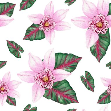 Orkideler kusursuz desen. Tropikal palmiye yaprakları ve orkideleri olan kusursuz çiçek desenli arka plan. Duvar kağıtları, web sayfası arkaplanları, yüzey dokuları, tekstil için ideal.