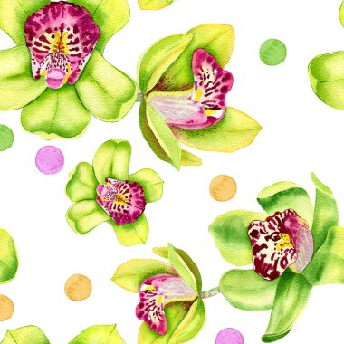 Orkideler kusursuz desen. Tropikal palmiye yaprakları ve orkideleri olan kusursuz çiçek desenli arka plan. Duvar kağıtları, web sayfası arkaplanları, yüzey dokuları, tekstil için ideal.