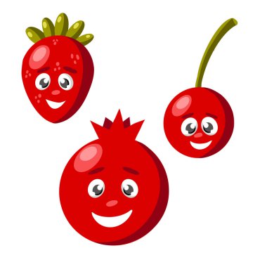 Koleksiyon karikatür meyve ve böğürtlen. Taze meyve ve meyveler. Çilek, nar, kiraz. Vektör düzlüğü simgesi izole edildi. Kırmızı ve olgun çilek karakteri, büyük gözler maskotu.