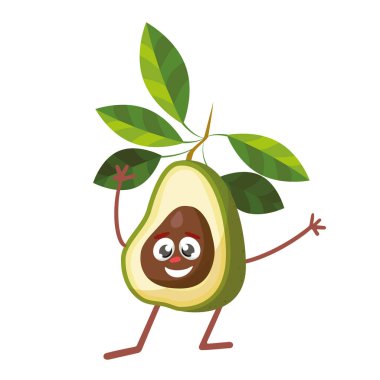 Çizgi roman tarzında sevimli ve komik avokado karakteri yukarı bakıyor, beyaz arkaplanda izole edilmiş çizgi film vektör illüstrasyonu.