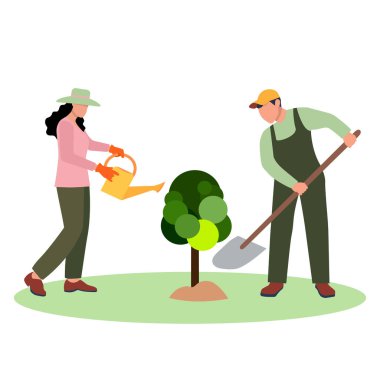 Dost canlısı bir erkek ve kadın ağaç diker ve sularlar. Elinde su kovası olan bahçıvan..