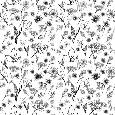 Siyah beyaz çiçekli pürüzsüz desen. Papatyalar, güller, çiçek ve diğer kır çiçekleri. Duvar kağıdı, ambalaj kağıdı, tekstil, kumaş, hatıra defteri.