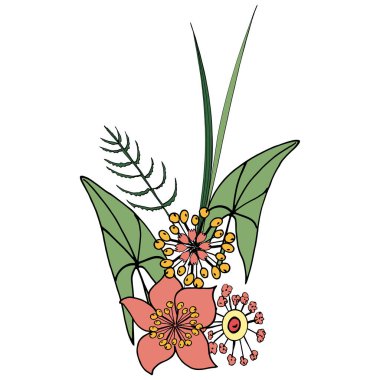 Karikatür çiçek buketi. Aşkın ve duyguların sembolü. Düğün için yaka çiçeği. Sevgililer Günü için vektör çizimi, anneler günü, düğün, aşk ya da romantik olaylar.