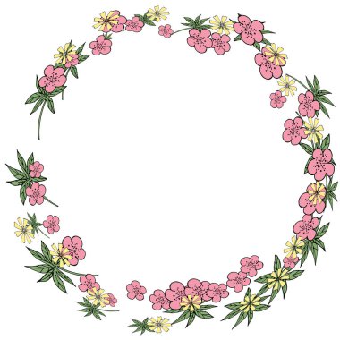 El çizimi çelenk vektör olarak ayarlandı. Yapraklar, çiçekler ve böğürtlenler. Çiçek tasarım elementleri.