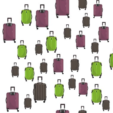 Geniş seyahat plastik bavullarının kusursuz desenleri. İş gezisi için tekerlekli bavullar, yaz tatili, seyahat. Ön planda. Beyaz üzerine izole edilmiş tekerlekleri olan polikarbonat bavulu. Gezgin.