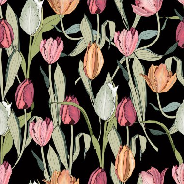 Şekillendirilmiş pembe çiçekleri ve laleleri olan kusursuz yay deseni. Tasarımınız, tebrik kartlarınız, anonslarınız, posterleriniz, kraft kağıdınız, künyeniz, hediye paketiniz için sonsuz doku.