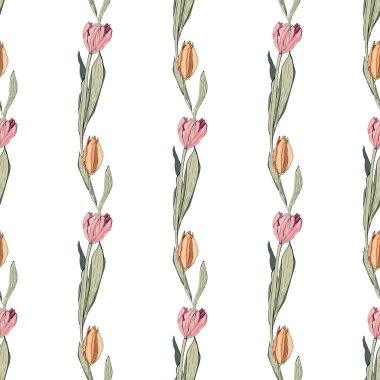 Şekillendirilmiş pembe çiçekleri ve laleleri olan kusursuz yay deseni. Tasarımınız, tebrik kartlarınız, anonslarınız, posterleriniz, kraft kağıdınız, künyeniz, hediye paketiniz için sonsuz doku.