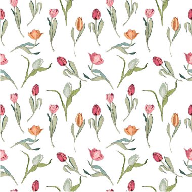 Şekillendirilmiş pembe çiçekleri ve laleleri olan kusursuz yay deseni. Tasarımınız, tebrik kartlarınız, anonslarınız, posterleriniz, kraft kağıdınız, künyeniz, hediye paketiniz için sonsuz doku.