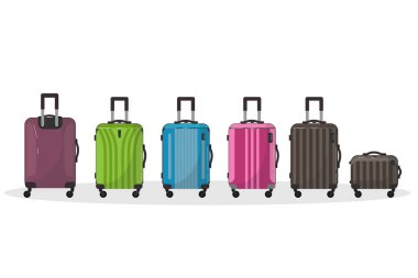 Geniş seyahat plastik bavulları. İş gezisi için tekerlekli bavullar, yaz tatili, seyahat. Önplan.