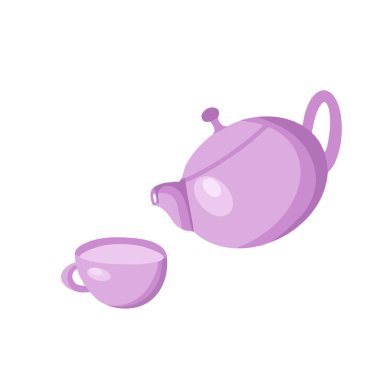 Kırmızı benekli çaydanlıktan bir fincana çay dökülüyor. Sıvı damlalar sıçramadan dağılır. Nesne izole edilmiştir. Vektör resmi.