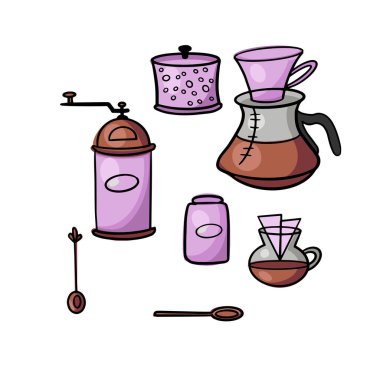 Kahve zamanı posteri konsepti. Kahve partisi kartı tasarımı. El çizimi çizimleri, fincanlar ve şekerler. Kahve molası ve kahvaltı zamanı etiketleri beyaz arka planda izole edildi. Doodle Biçimi.