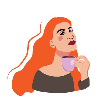 Çay içen tatlı kız. Bir kadınla, bir kızla ilgili resimler. Moda illüstrasyonu. Anneler Günü. Uluslararası Kadınlar Günü. Özgürlük, bağımsızlık, eşitlik için savaş. Avrupalı kız.