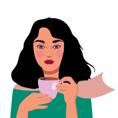 Çay içen tatlı kız. Bir kadınla, bir kızla ilgili resimler. Moda illüstrasyonu. Anneler Günü. Uluslararası Kadınlar Günü. Özgürlük, bağımsızlık, eşitlik için savaş. Avrupalı kız.