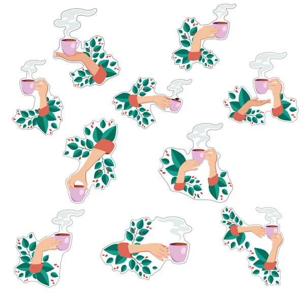 Set of stickers of female hands with a cup of coffee or tea with green leaves. — ストックベクタ