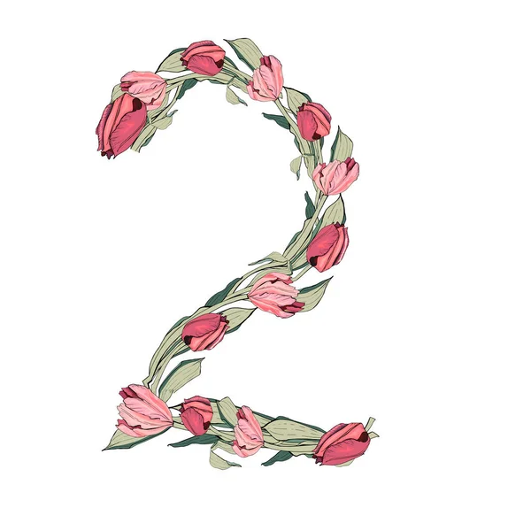 Numeri floreali, numeri vettoriali disegnati a mano decorati con un motivo botanico. — Vettoriale Stock