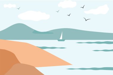 Yaz. Mavi deniz manzarası, bulutlar, dağlar ve ufukta martılar, yelkenli. Güzel güneşli bir gün. Yatay arkaplan. Yaz tatilleri için sancak konsepti.