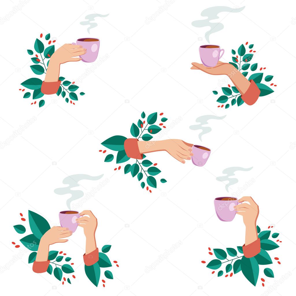 Set of illustrations of a female hand with a cup of coffee or tea with green leaves. Tea-coffee-break in the cafe. Friendly support in difficult times, conversation of women's coffee houses.
