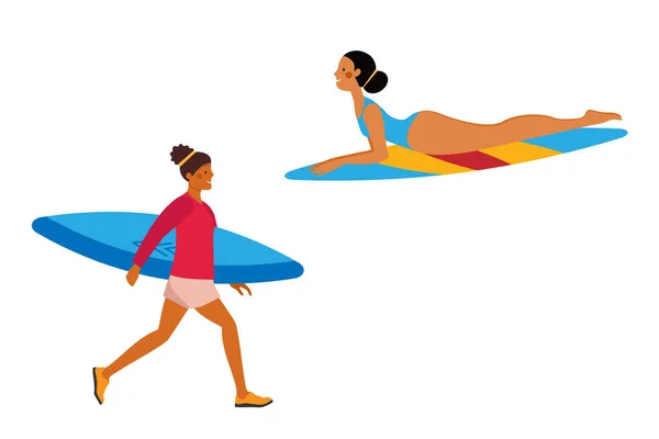 Set Young People Surfing Recreation Woman Surfers Characters Swim Wear — Stock Vector