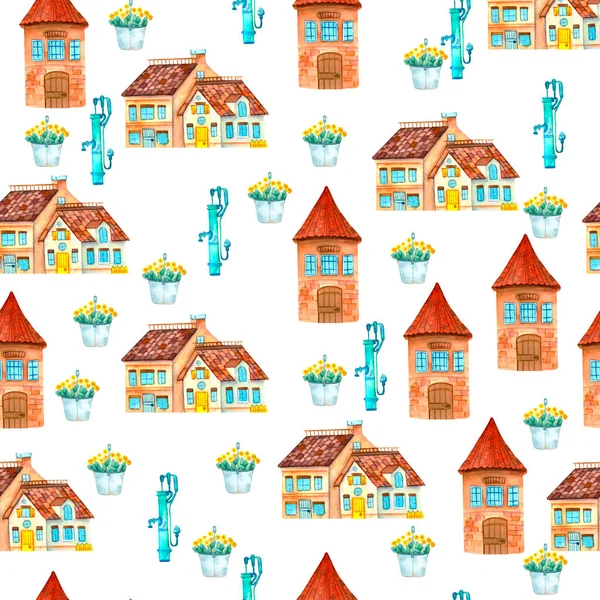 Seamless pattern. Fantastic watercolor fairy house and mill print for decorating children's fabric, wrapping paper, invitations, postcards, notebooks, stickers, children's books.