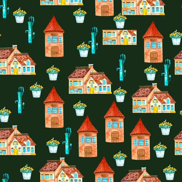 Seamless pattern. Fantastic watercolor fairy house and mill print for decorating children's fabric, wrapping paper, invitations, postcards, notebooks, stickers, children's books.