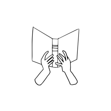 Ellerinde kitap taslağı var. Kitaplı kadın elleri ve el çizimi vektör çizimi çizimi, günlük defteri çizimi. Eğitim temasını okuma kavramı. Vektör illüstrasyon minimalizm tasarımı