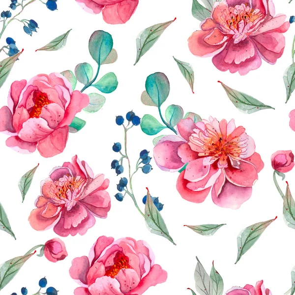 Peony Seamless Pattern floral pattern with peonies on light background, watercolor. Template design for textiles, interior, clothes, wallpaper. Botanical art