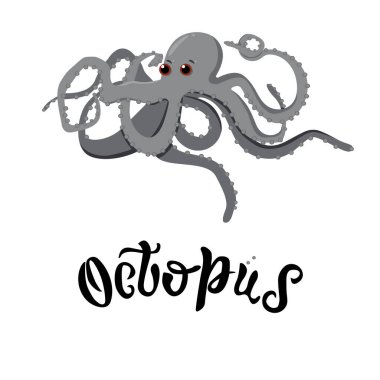 Su kabarcıkları olan turuncu ahtapot. Doodle tarzı. Ahtapot ikonu. Hayvanat bahçesi duyurusu için illüstrasyon, doğa konsepti, çocuk kitabı illüstrasyonu