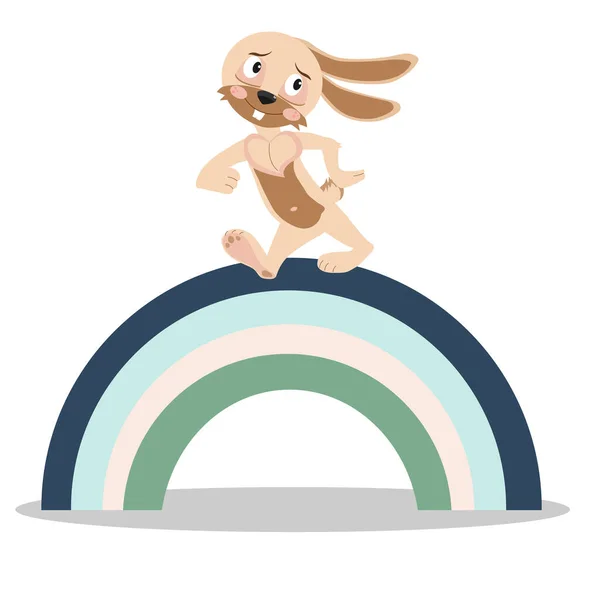 Conejo. Un lindo conejo de dibujos animados caminando hacia adelante en un arco iris. — Archivo Imágenes Vectoriales