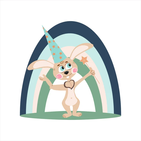 Králík. Roztomilý kreslený králík kráčející vpřed na duze. — Stockový vektor