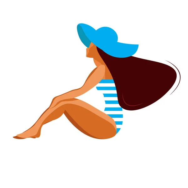Miła dziewczyna w niebieskim stroju kąpielowym i niebieskim kapeluszu na plaży. Siedzi na niebieskim poczekalni z białymi paskami — Wektor stockowy