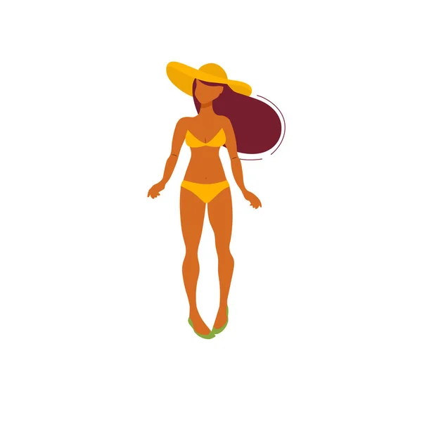 Mladá dívka v širokém klobouku a žlutých bikinách. Odpočinek na pláži — Stockový vektor