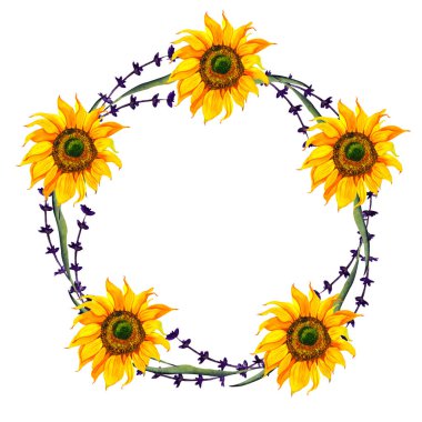 Suluboya, yeşil yapraklı ve yabani otlu bir buket ayçiçeği ile yaz çerçevesi oluşturur. Çiçek desenli boho illüstrasyon düğün davetiyesi. Düğün davetiyesini yaz için ayırın.