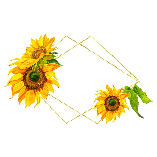 Aquarelle Clipart Cadre Été Doré Avec Bouquet Tournesols Aux Feuilles — Photo