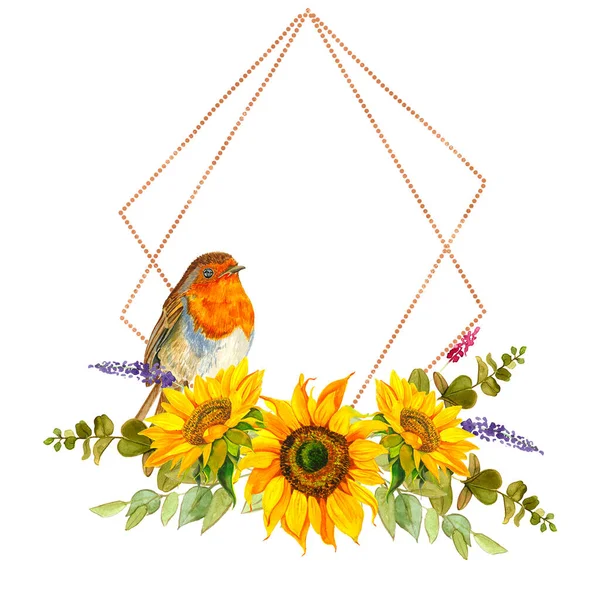 緑の葉が隔離されたひまわりの花束と夏の黄金のフレームを水彩色します 花幾何学的なフレームの花Bohoイラスト結婚式の招待状は 日付カード 夏の結婚式の装飾を保存 — ストック写真