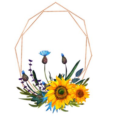 Suluboya, yaz ayçiçekli ve yeşil yapraklı altın çerçeveli. Çiçeksel geometrik çerçeve çiçek açan boho illüstrasyon düğün davetiyesi. Tarih kartını yaz düğün dekoru.