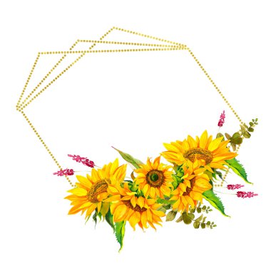 Suluboya, yaz ayçiçekli ve yeşil yapraklı altın çerçeveli. Çiçeksel geometrik çerçeve çiçek açan boho illüstrasyon düğün davetiyesi. Tarih kartını yaz düğün dekoru.