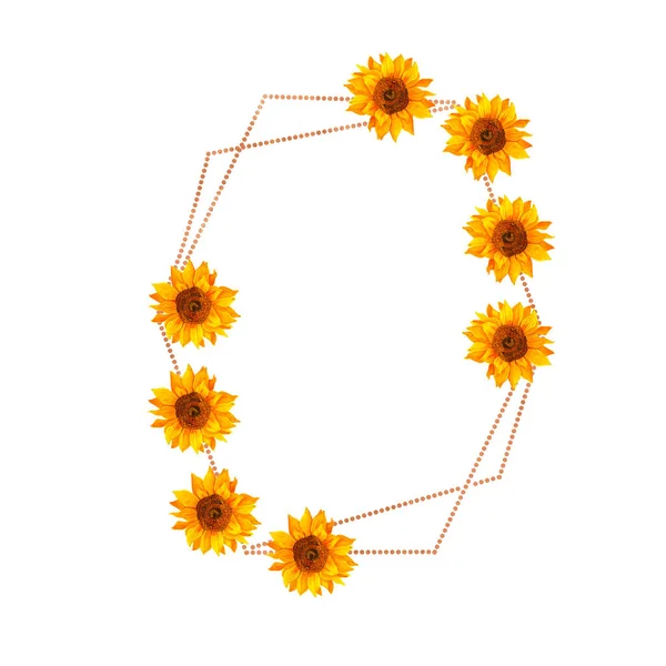 Aquarelle Clipart Cadre Été Doré Avec Bouquet Tournesols Aux Feuilles — Photo