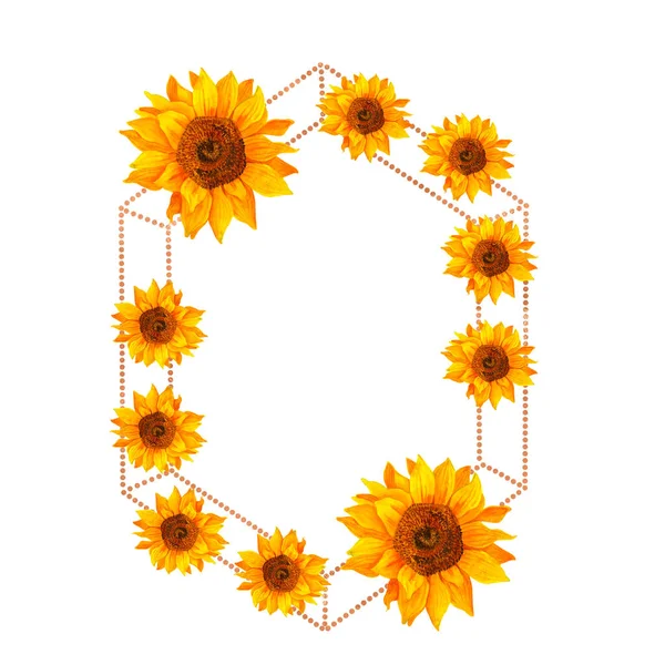 Aquarelle Clipart Cadre Été Doré Avec Bouquet Tournesols Aux Feuilles — Photo