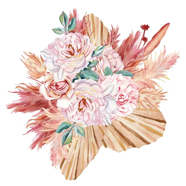 Illustration Aquarelle Bouquet Mariage Dans Style Boho Roses Pivoines Fleurs — Photo