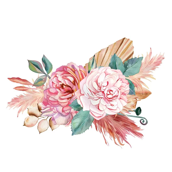 Suluboya Çizimi Boho Tarzı Düğün Buketi Şakayık Gülleri Çiçekler Otlar — Stok fotoğraf