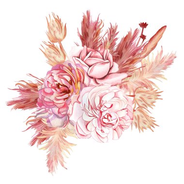 Suluboya çizimi. Boho tarzı düğün buketi, şakayık gülleri, çiçekler, otlar, kurumuş çiçekler. Davetiyeler, düğünler, vaftizler için tasarım. Bahar buketi. Beyaz arkaplanda izole edilmiş.