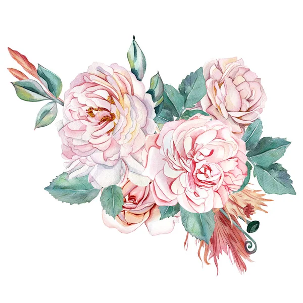 Ilustracja Akwareli Bukiet Weselny Stylu Boho Piwońskie Róże Kwiaty Trawa — Zdjęcie stockowe