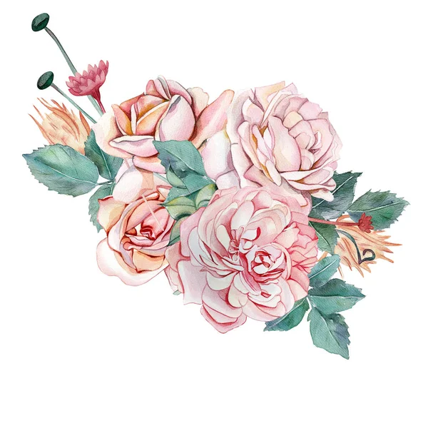 Акварельна Ілюстрація Весільний Букет Стилі Бохо Піоноподібні Троянди Квіти Пампас — стокове фото