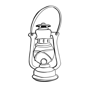 Kerosen fener el çizimi vektör çizimi. Retro Gazyağı lambası. Klasik parafin lamba. Lamba. Gazyağı lambası. İzole edilmiş beyaz bir arkaplanda özet geç. Robot resim. Boyama kitabı.