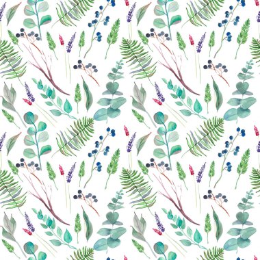 Yaz arkaplanı, arka planda hafif okaliptüs ve böğürtlen dalları. Kumaş, tekstil, duvar kağıdı, posterler, kağıt resimleri. Çocuklar için baskı. Yapraklı dal. El çizimi suluboya.